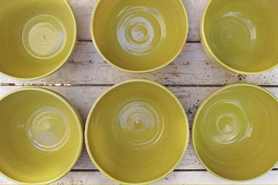 SabineSchmidtPottery Small Stoneware Bowl in Yellow/Green, Handmade Ceramic Bowl Devon Ceramics